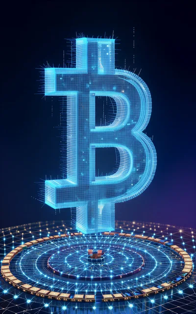 Holographic Bitcoin Symbol Floating Above Digital Network Platform