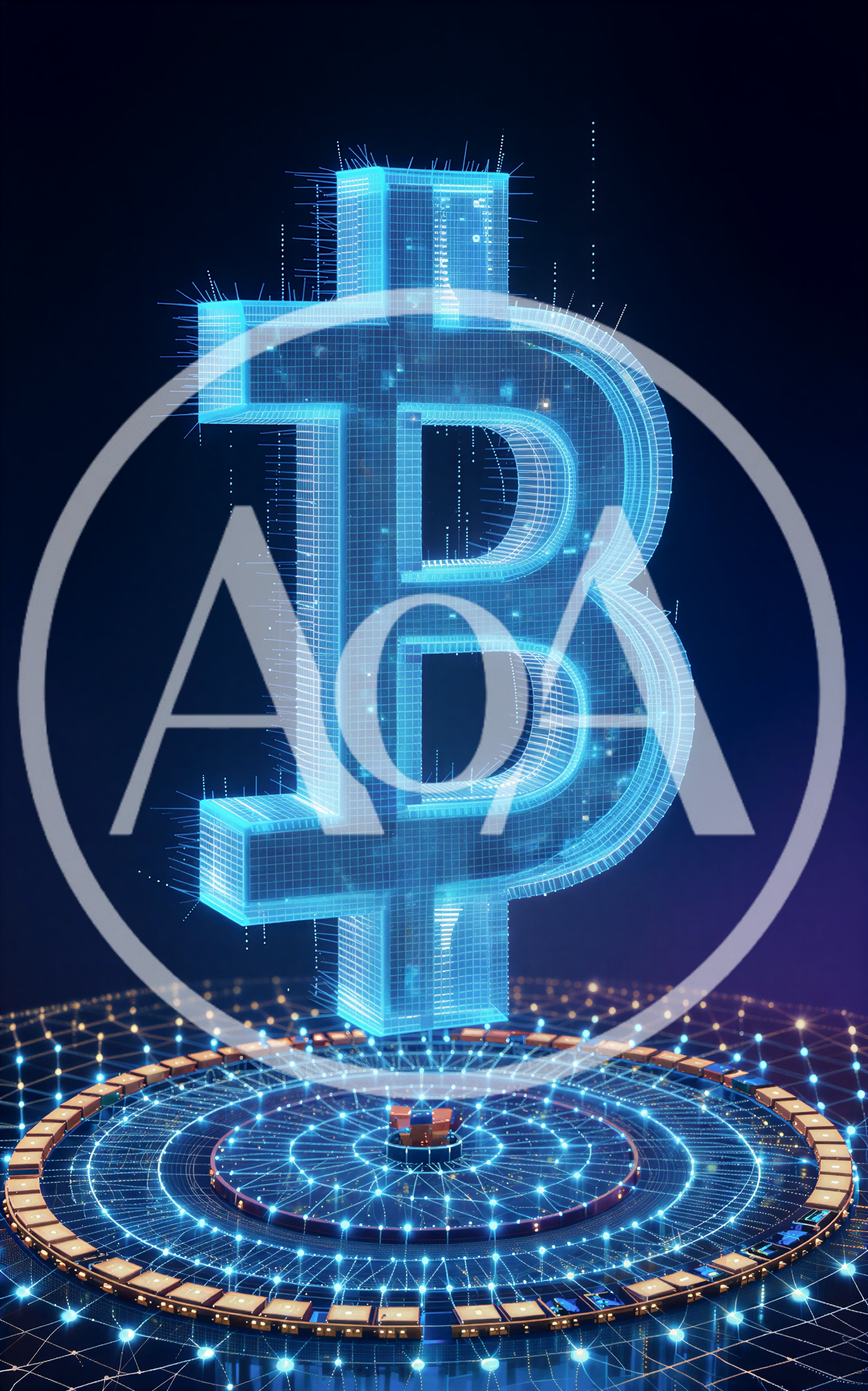 Holographic Bitcoin Symbol Floating Above Digital Network Platform