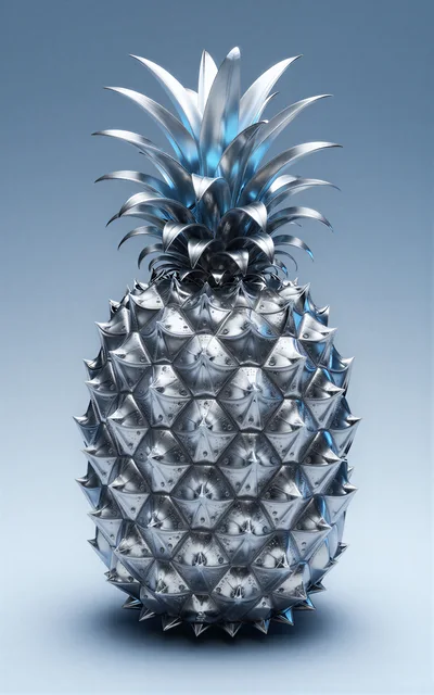 Metallic Silver Pineapple Sculpture On Blue Background