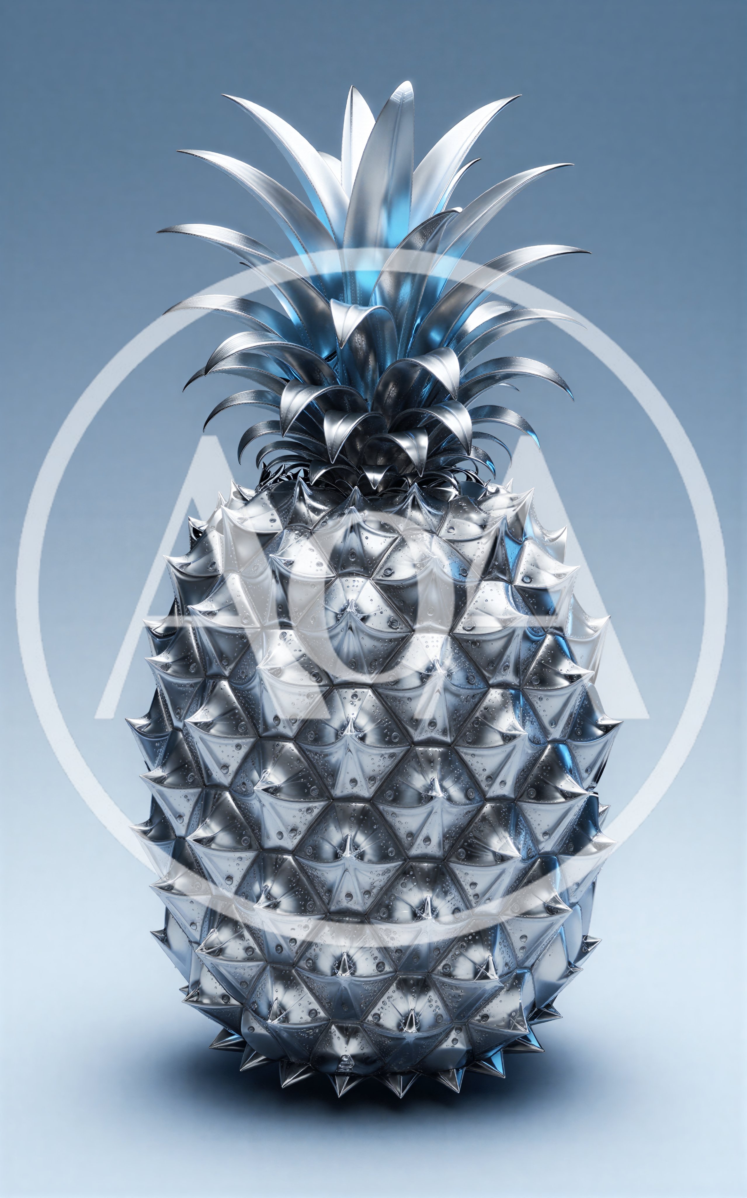 Metallic Silver Pineapple Sculpture On Blue Background