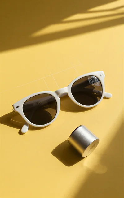 White Sunglasses and Silver Container on Yellow Background