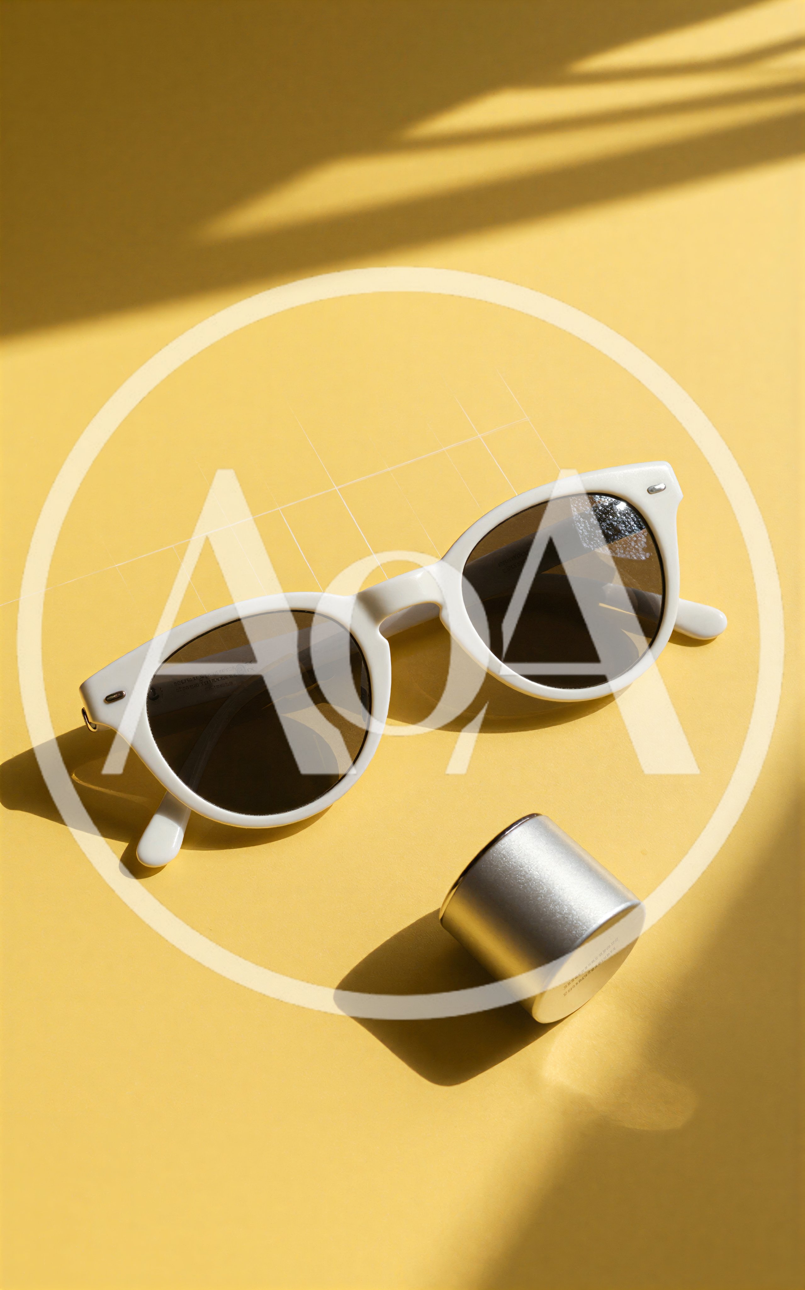 White Sunglasses and Silver Container on Yellow Background