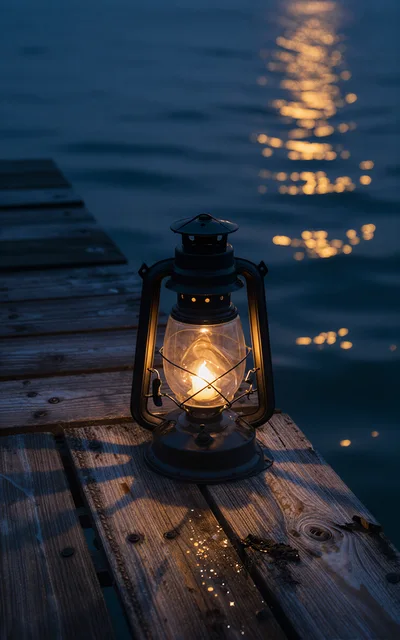 Vintage Oil Lantern Glowing On A Wooden Dock