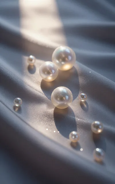 Lustrous White Pearls Scattered On Soft Grey Silk Fabric