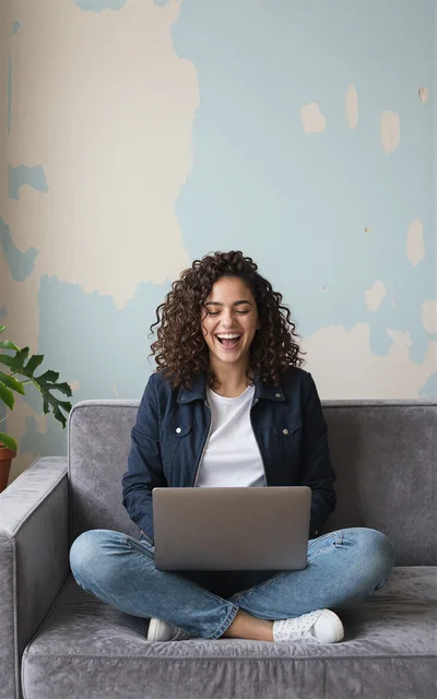Happy Woman Sitting On Sofa Using Laptop