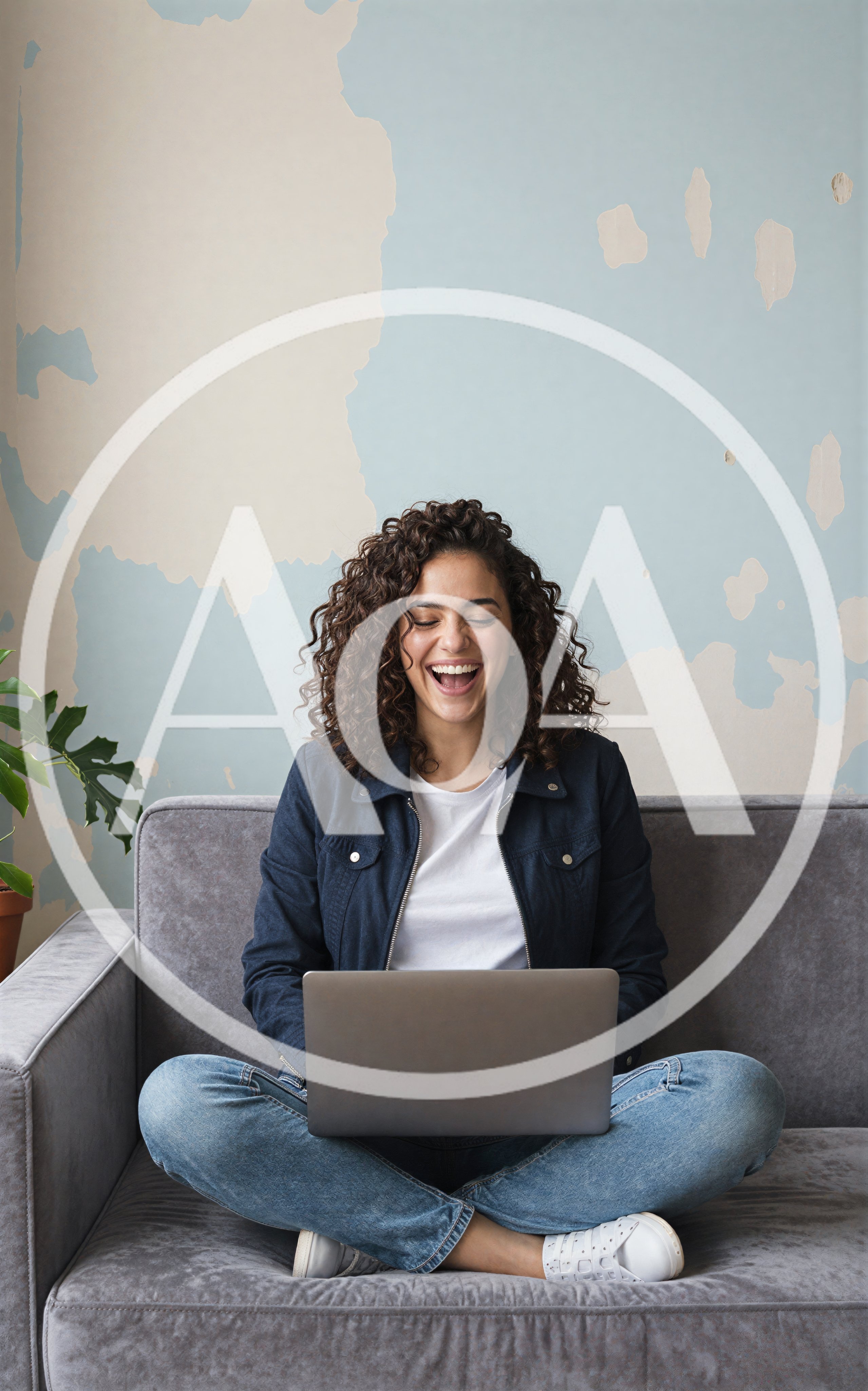 Happy Woman Sitting On Sofa Using Laptop