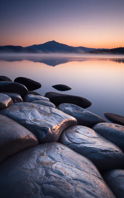 Sunrise Over A Calm Lake With Large Smooth Rocks