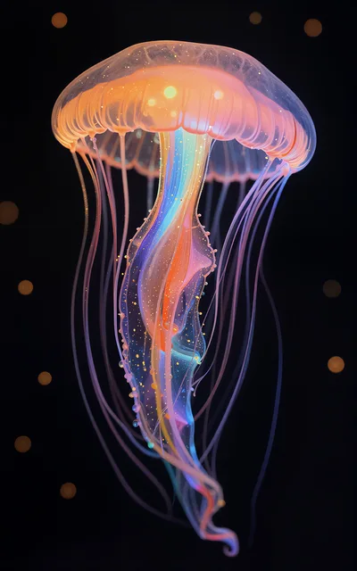Glowing Bioluminescent Jellyfish Floating In Deep Ocean