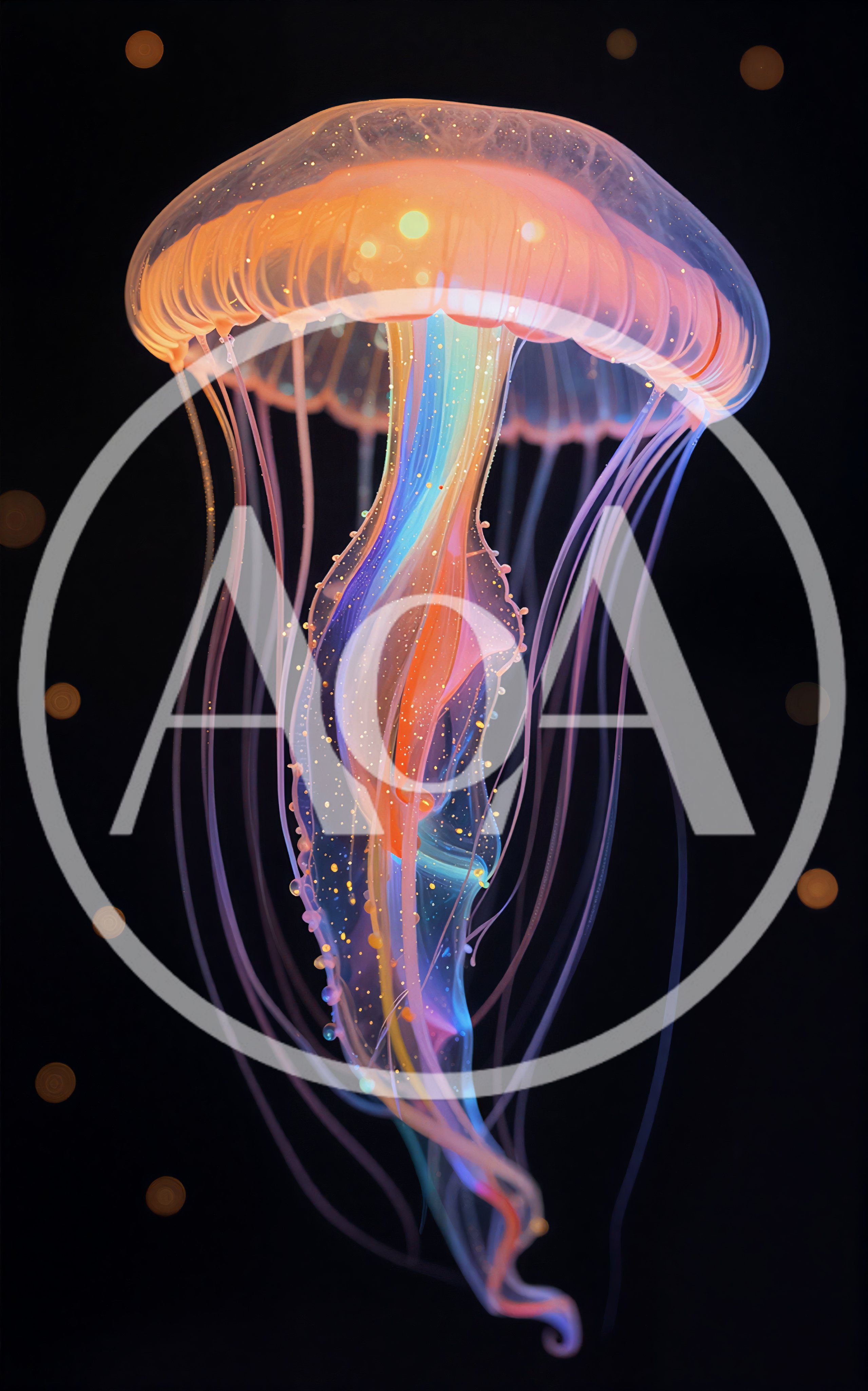 Glowing Bioluminescent Jellyfish Floating In Deep Ocean
