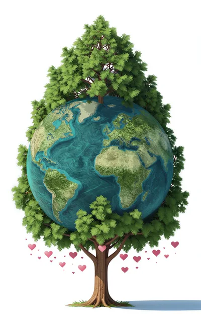 Earth Globe Growing From A Tree With Floating Hearts