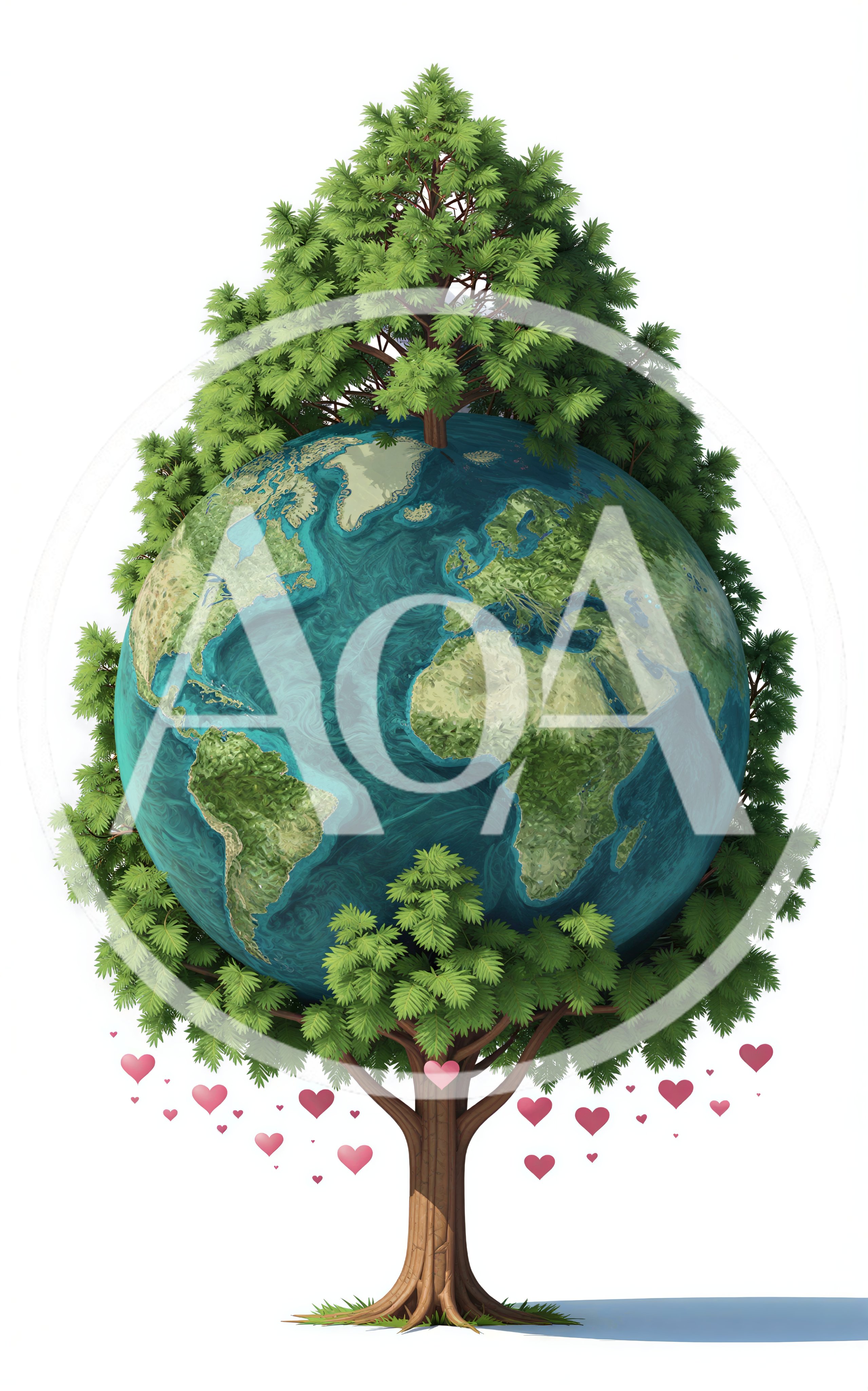 Earth Globe Growing From A Tree With Floating Hearts