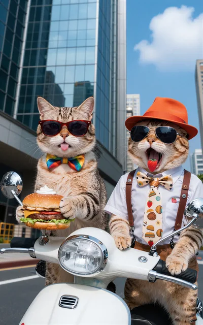 Two Cats Riding A Scooter In The City