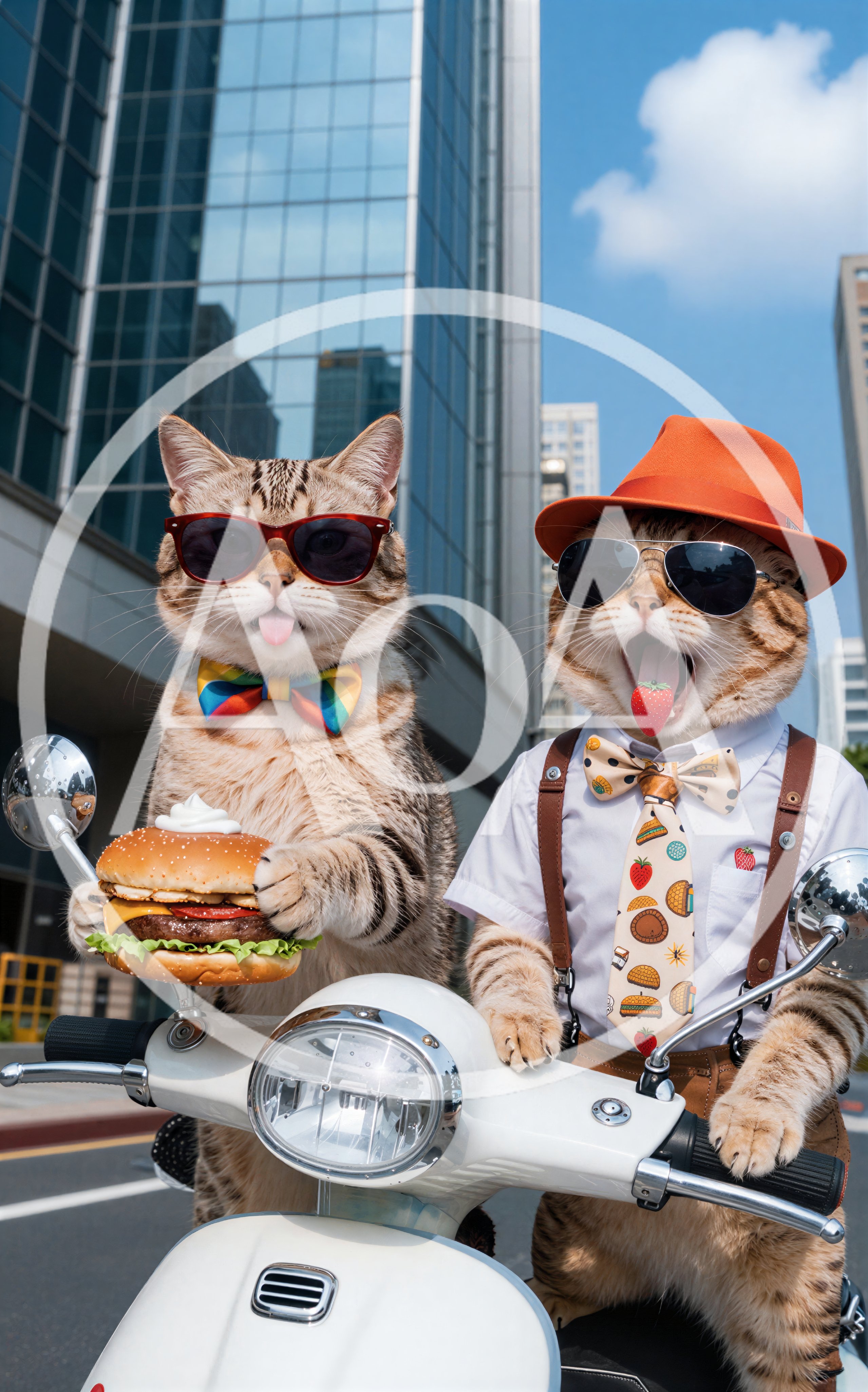Two Cats Riding A Scooter In The City