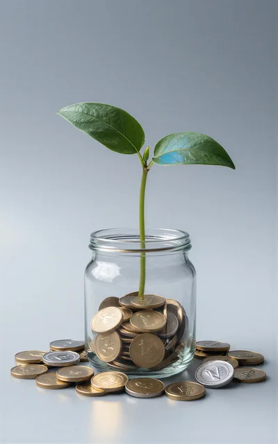 Small Green Plant Growing From Glass Jar Of Coins