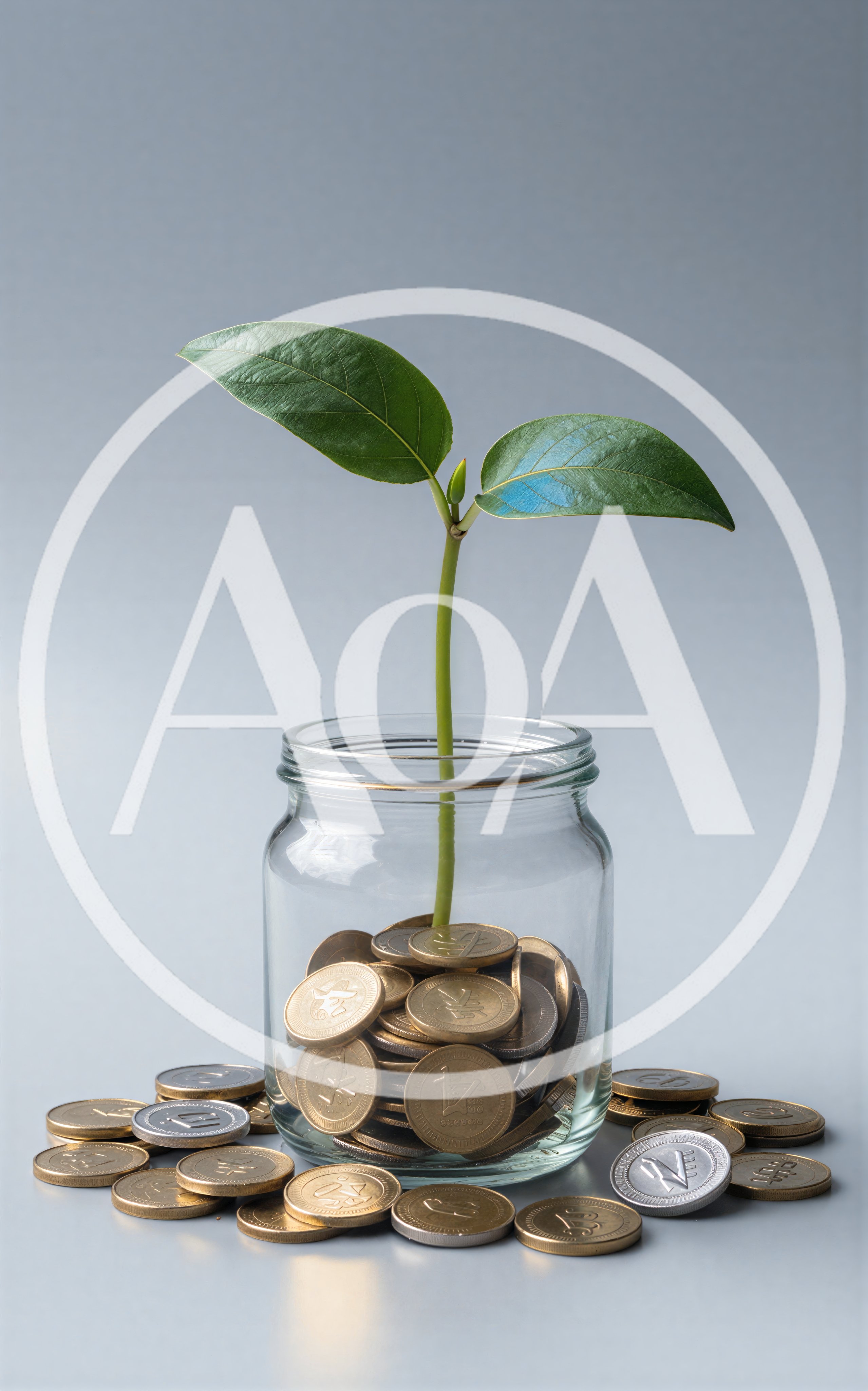 Small Green Plant Growing From Glass Jar Of Coins