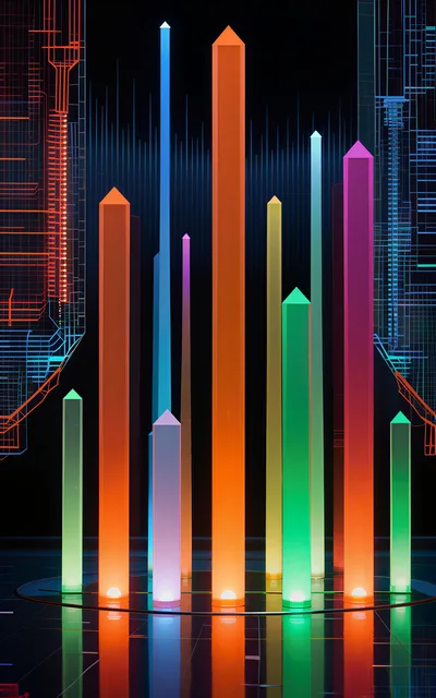 Abstract Digital Pillars With Neon Glow And Circuitry