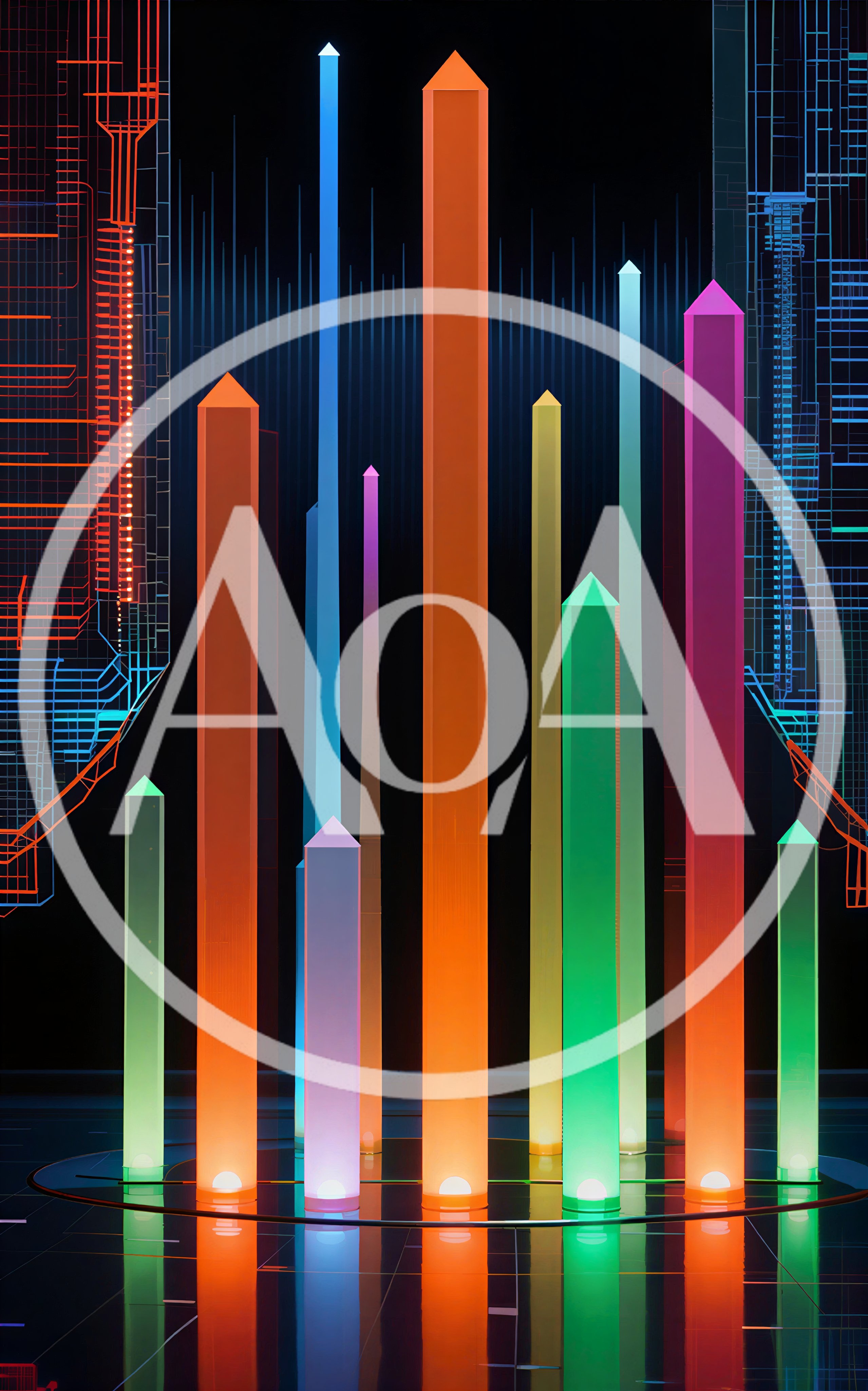 Abstract Digital Pillars With Neon Glow And Circuitry