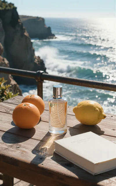 Perfume Bottle With Citrus Fruits And Book On Table