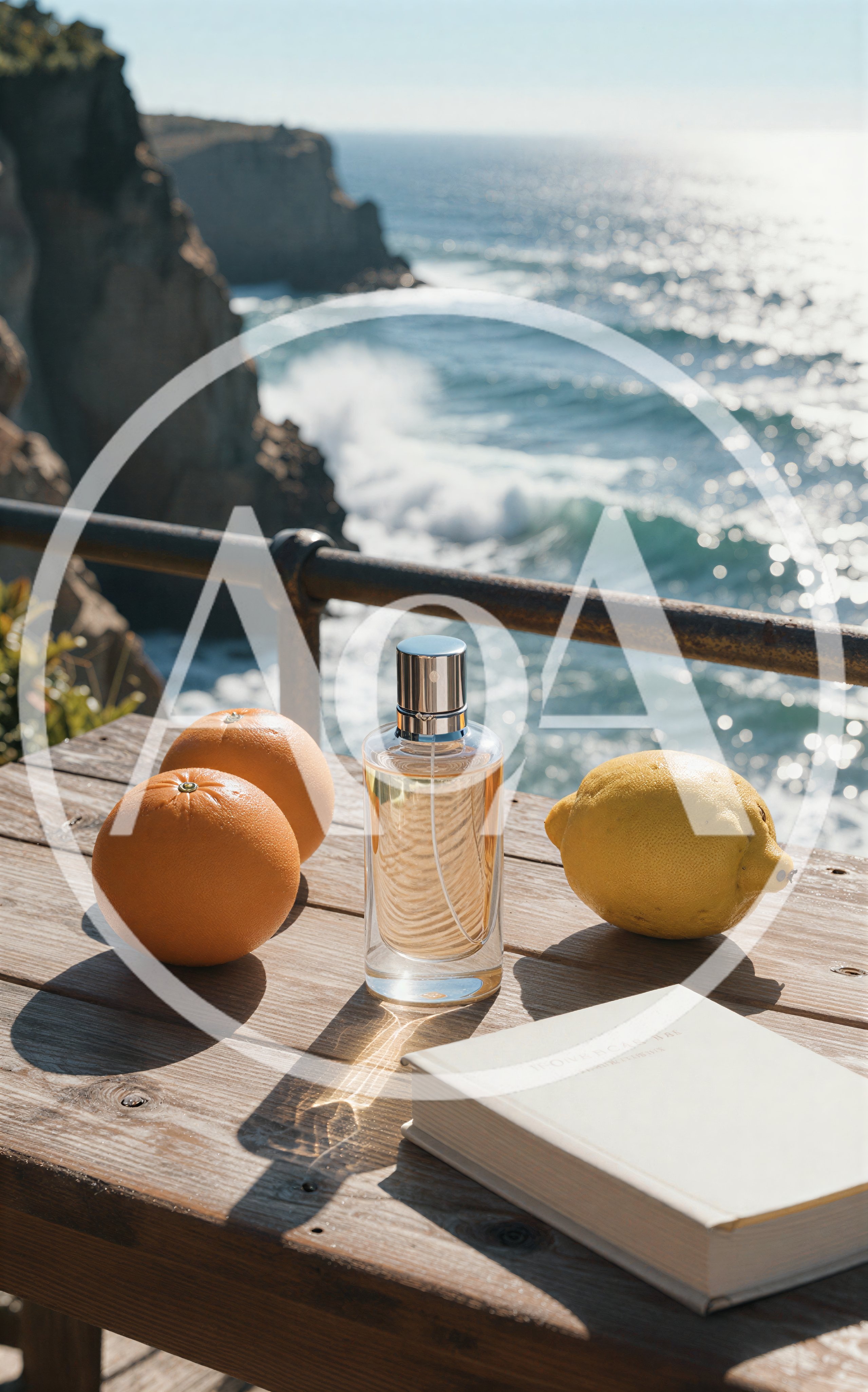 Perfume Bottle With Citrus Fruits And Book On Table