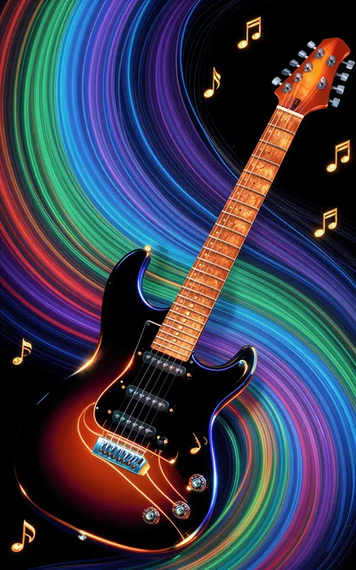 Electric Guitar With Glowing Musical Notes And Light Trails