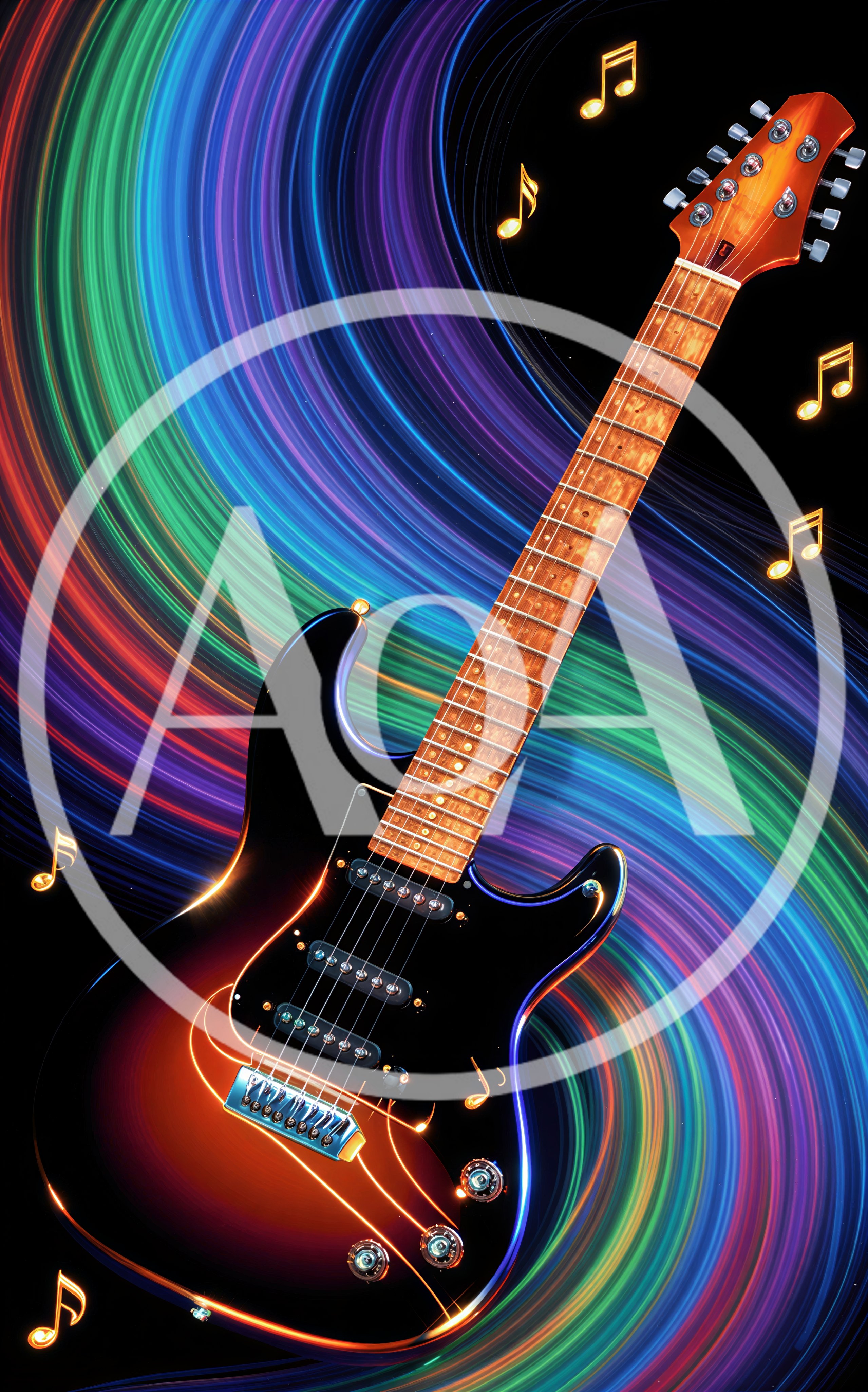 Electric Guitar With Glowing Musical Notes And Light Trails