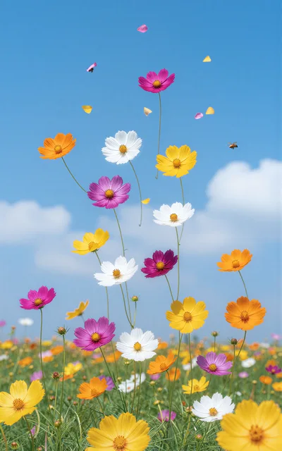 Vibrant Cosmos Flowers Blooming Under A Clear Blue Sky