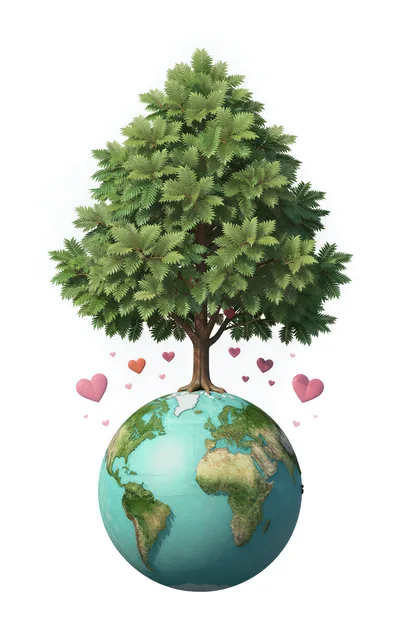 Tree Growing From Earth Globe With Floating Hearts
