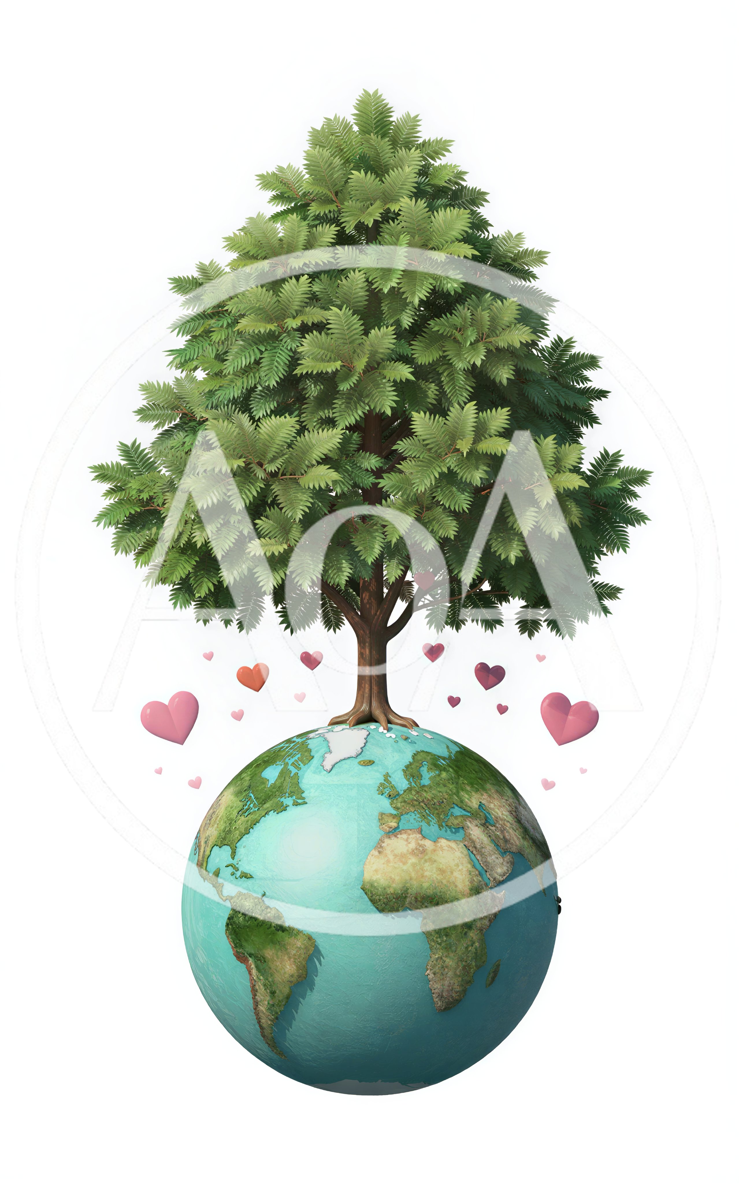 Tree Growing From Earth Globe With Floating Hearts