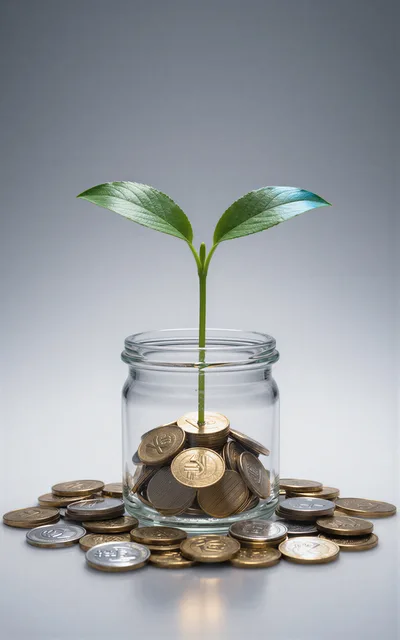 Small Green Plant Growing From Glass Jar Of Coins