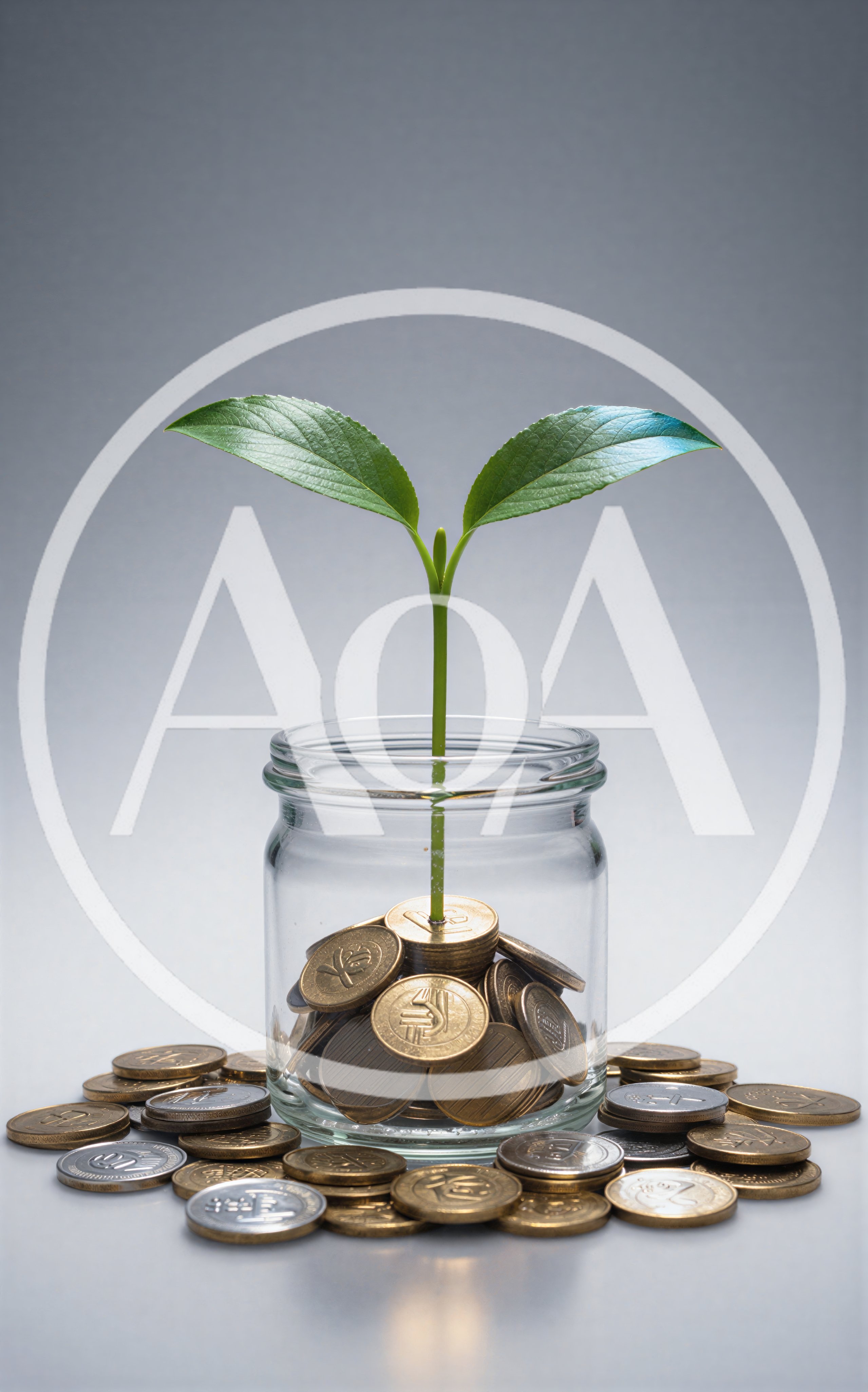 Small Green Plant Growing From Glass Jar Of Coins