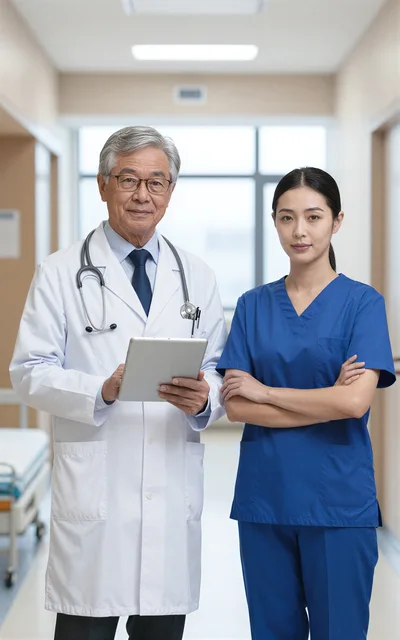 Senior Doctor And Nurse Standing In Hospital Corridor