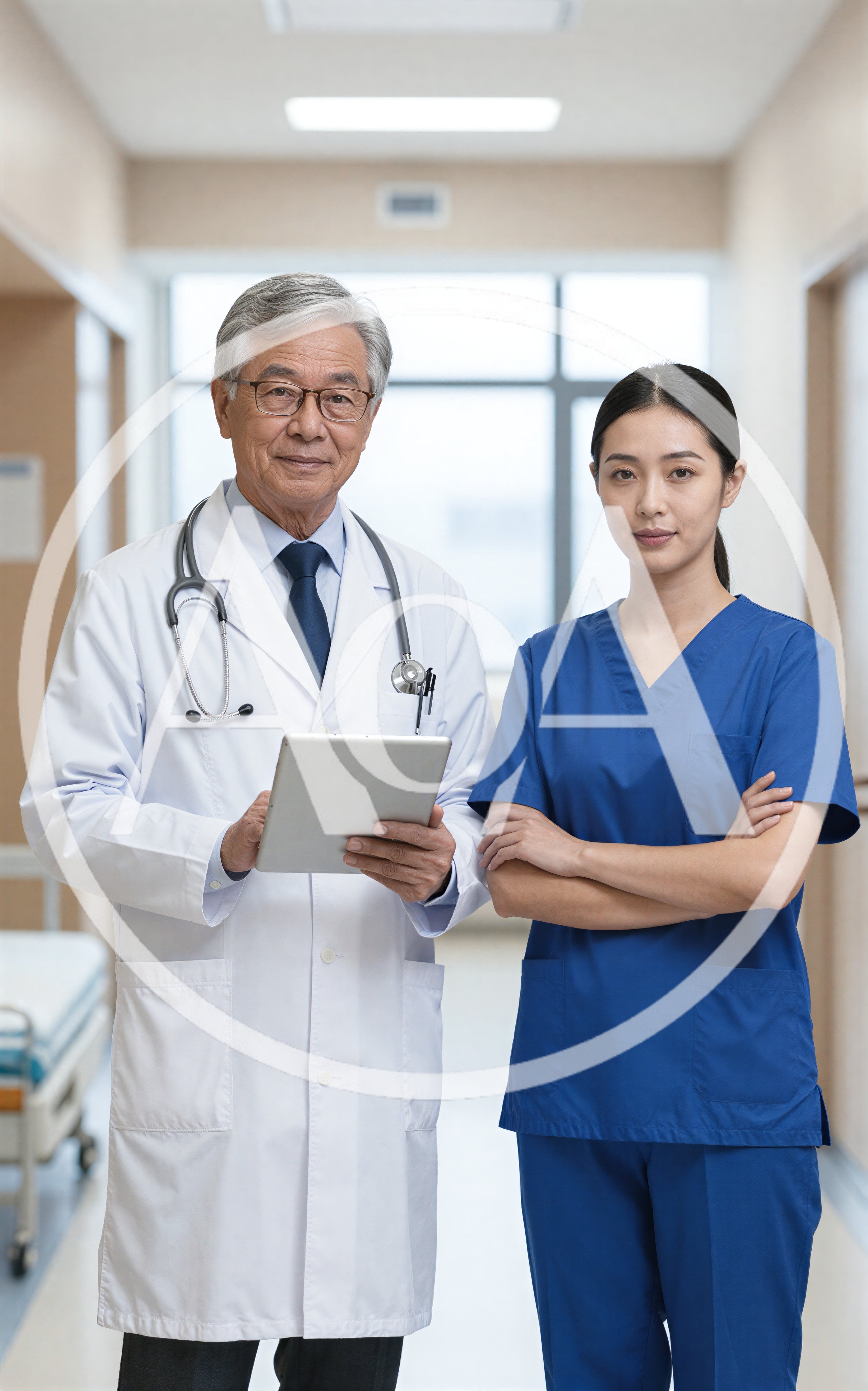 Senior Doctor And Nurse Standing In Hospital Corridor