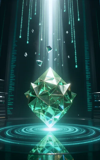 Glowing Geometric Crystal Floating Above Digital Data Platform