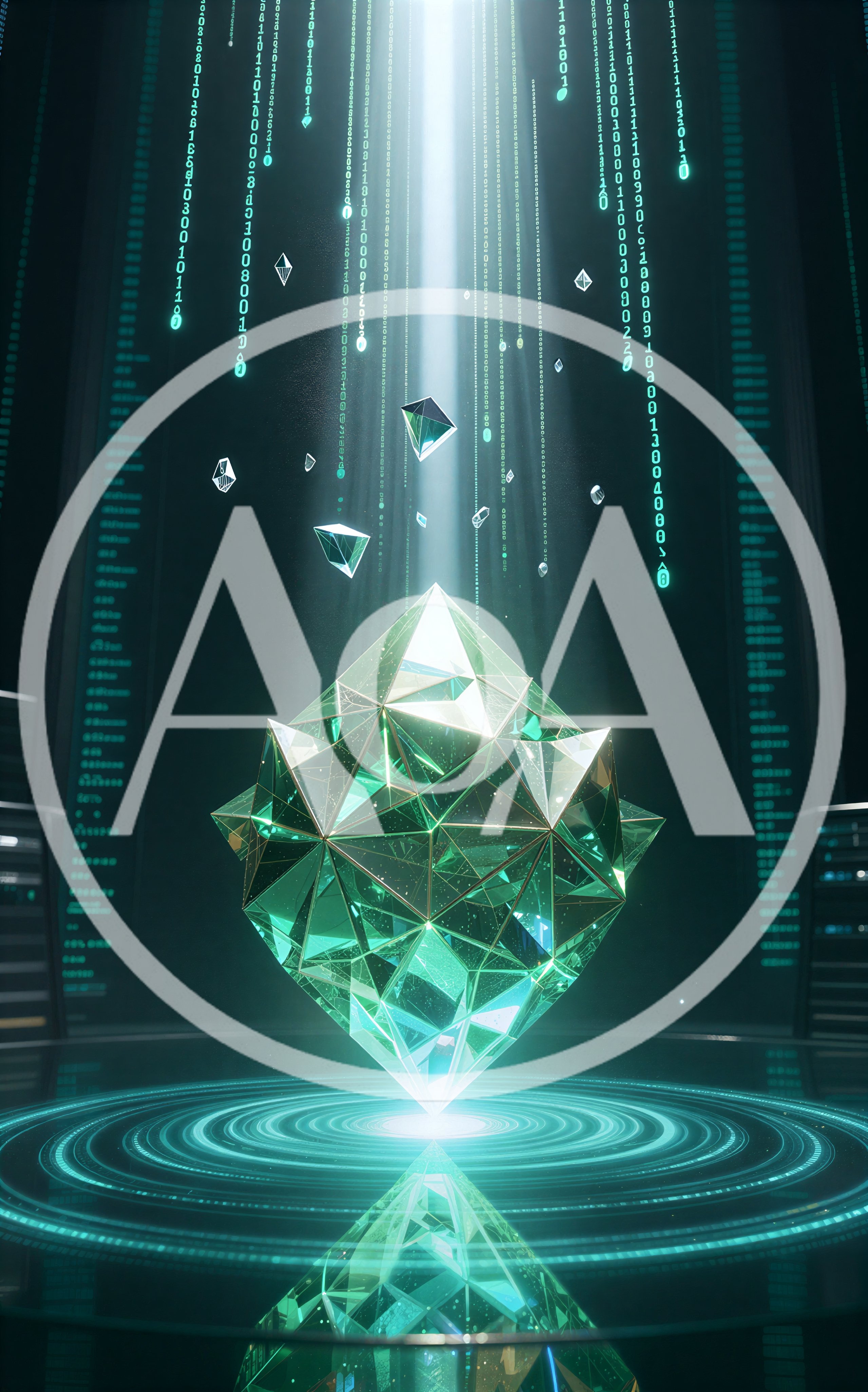 Glowing Geometric Crystal Floating Above Digital Data Platform