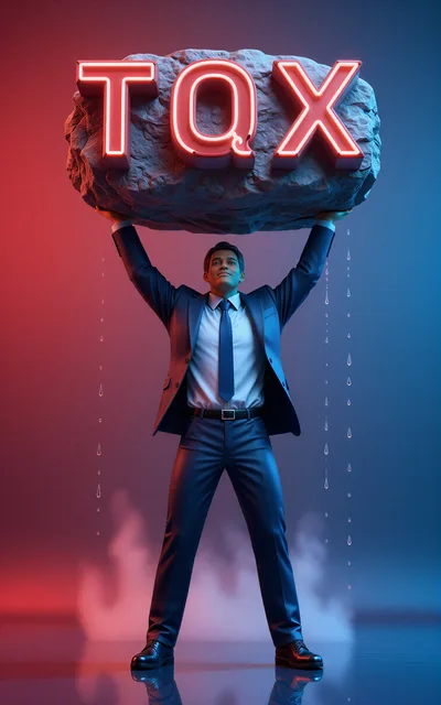 Businessman Holding Heavy Rock With Neon Tax Sign