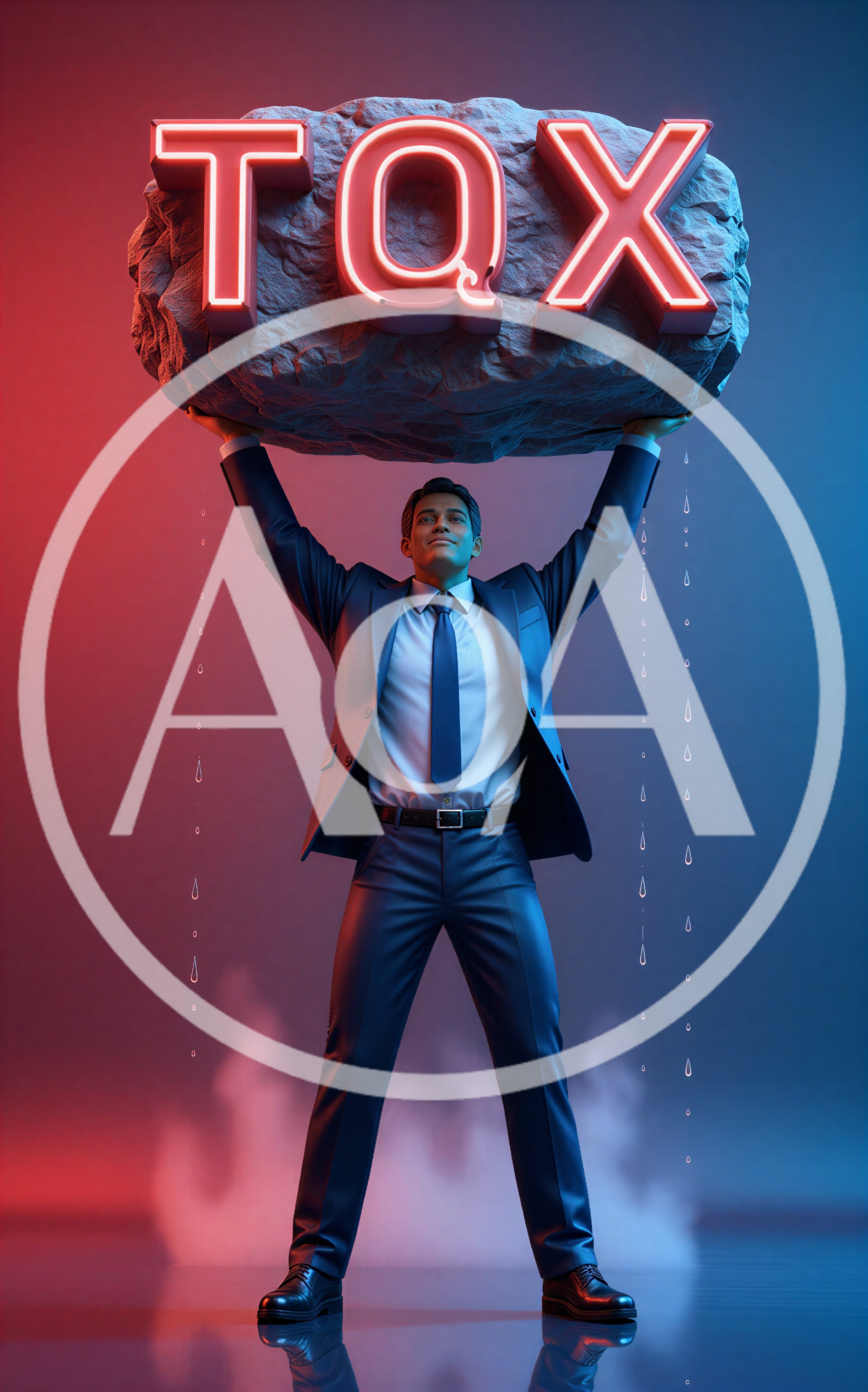 Businessman Holding Heavy Rock With Neon Tax Sign