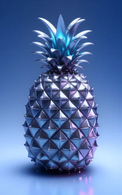 Metallic Pineapple Sculpture With Blue And Purple Lighting