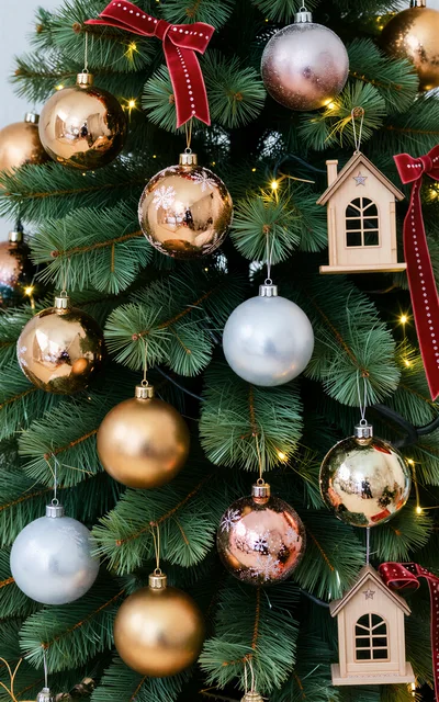Christmas Tree Decorated With Ornaments And Wooden Houses