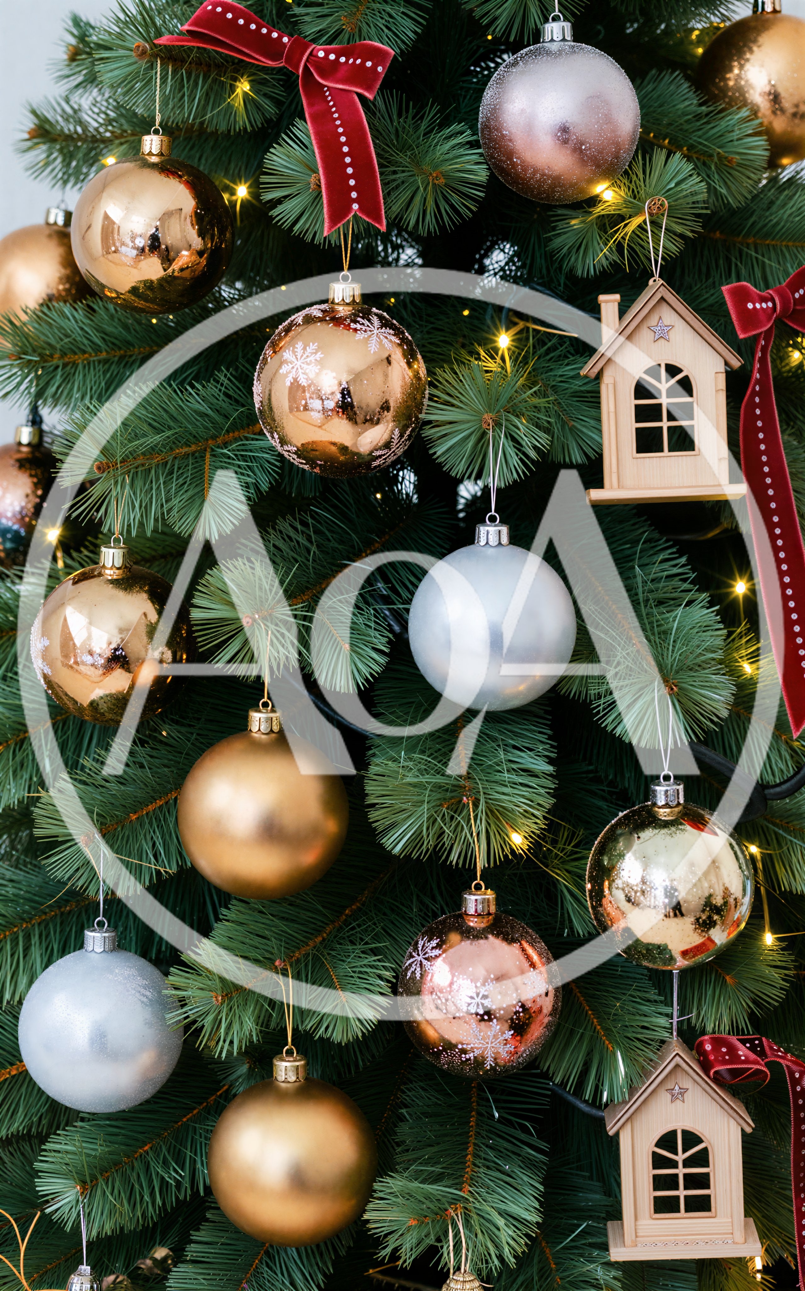 Christmas Tree Decorated With Ornaments And Wooden Houses