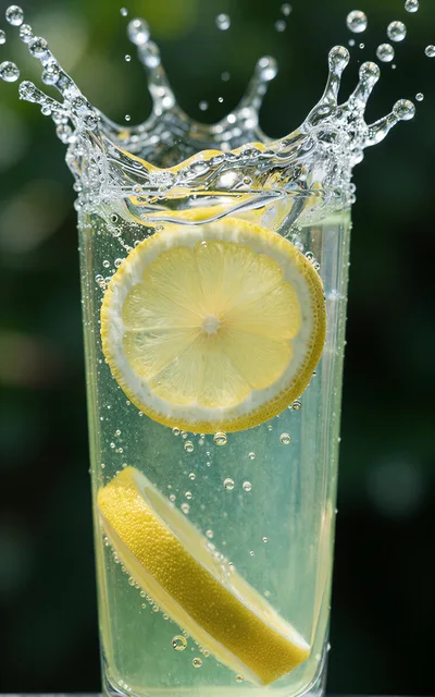 Lemon Slice Dropping Into A Glass Of Sparkling Water