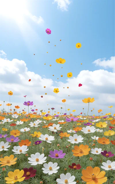 Vibrant Cosmos Flower Field Under Blue Sky