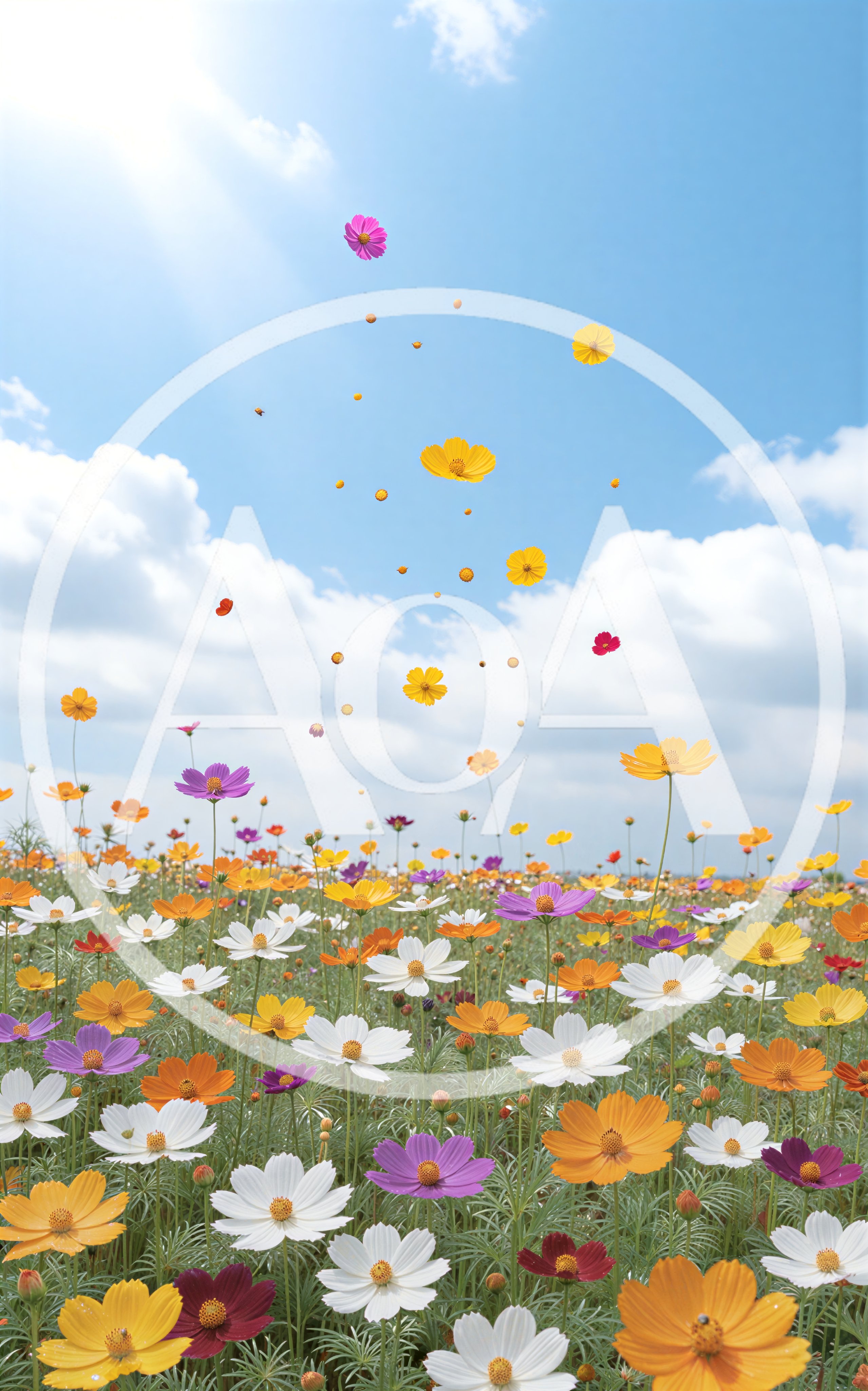 Vibrant Cosmos Flower Field Under Blue Sky