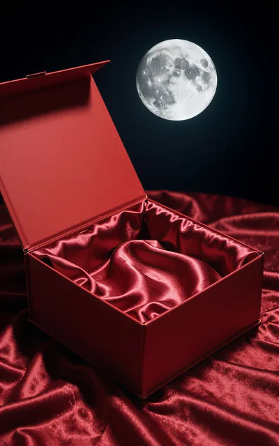 Open Red Gift Box On Satin Fabric Under Full Moon