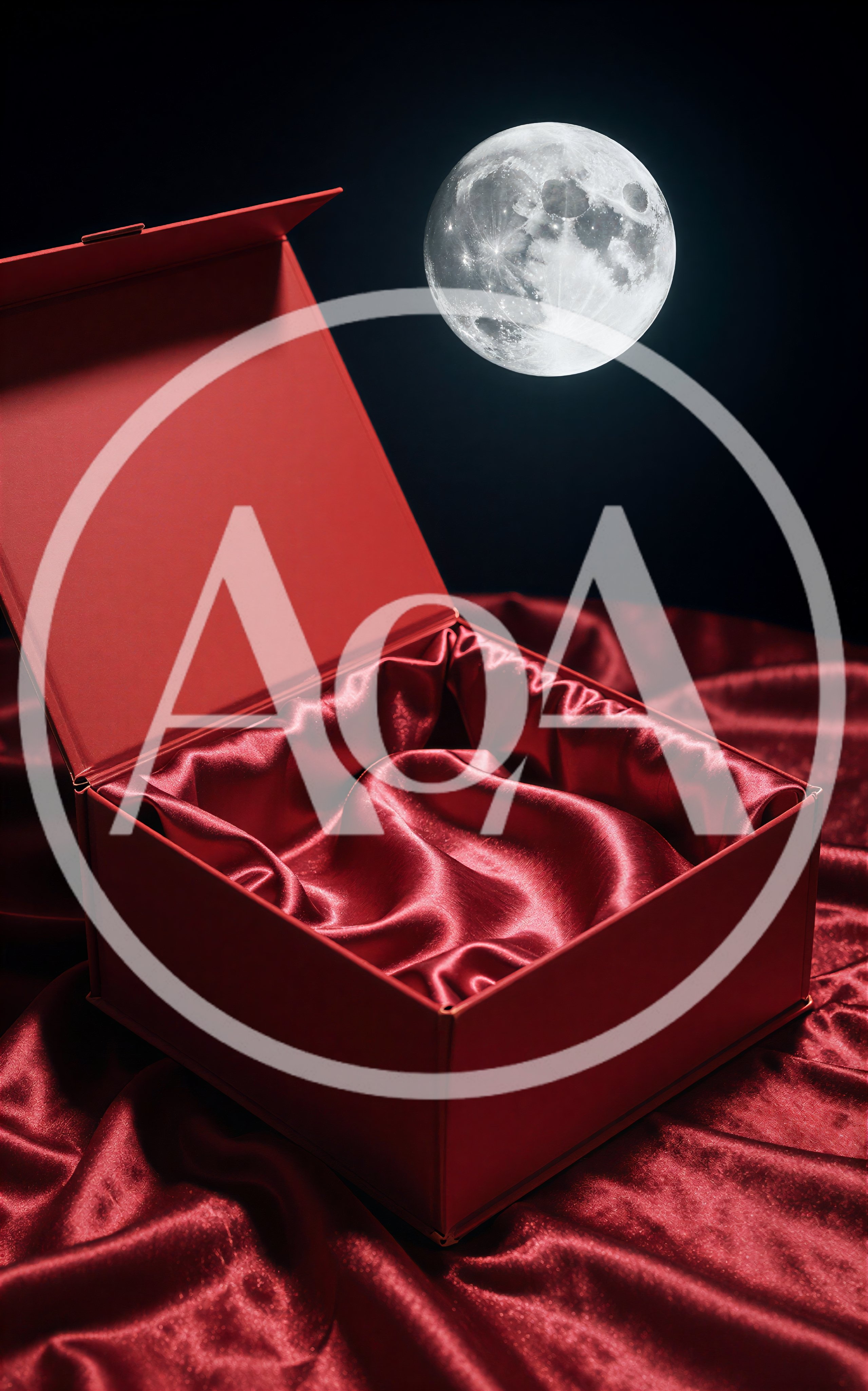 Open Red Gift Box On Satin Fabric Under Full Moon