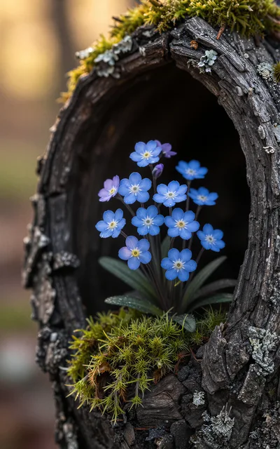 Blue Forget Me Not Flowers Growing Inside Tree Hollow