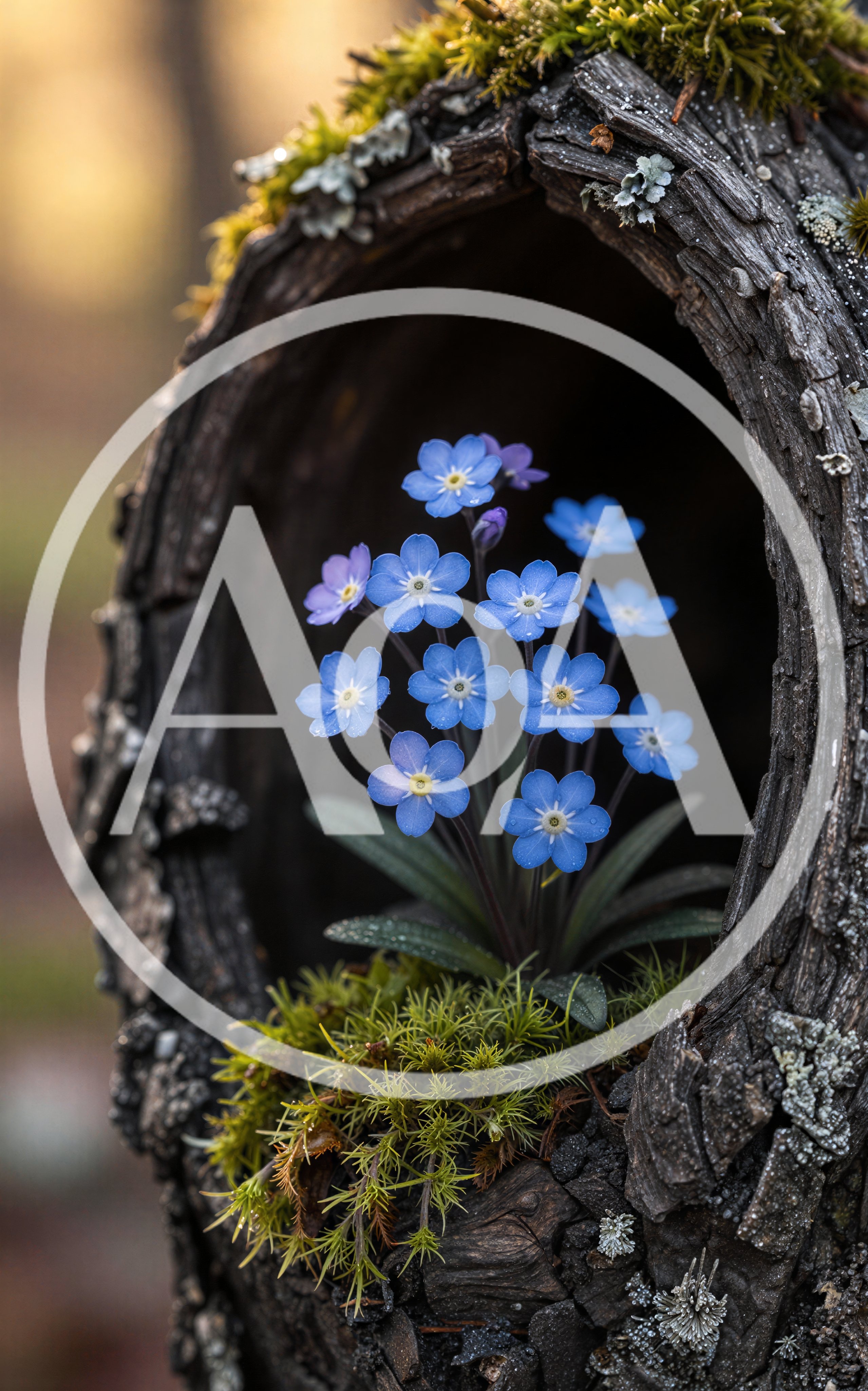 Blue Forget Me Not Flowers Growing Inside Tree Hollow