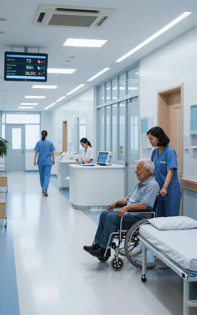 Nurse Assisting Elderly Patient in Hospital Wheelchair
