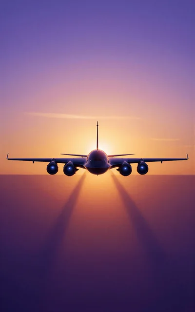 Commercial Airplane Flying Towards Sunset