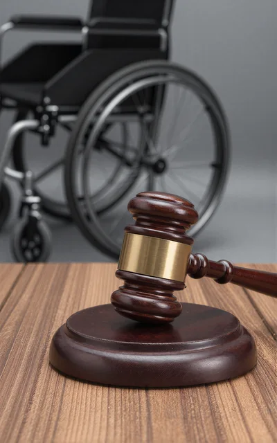 Wooden Gavel And Sound Block With Blurred Wheelchair