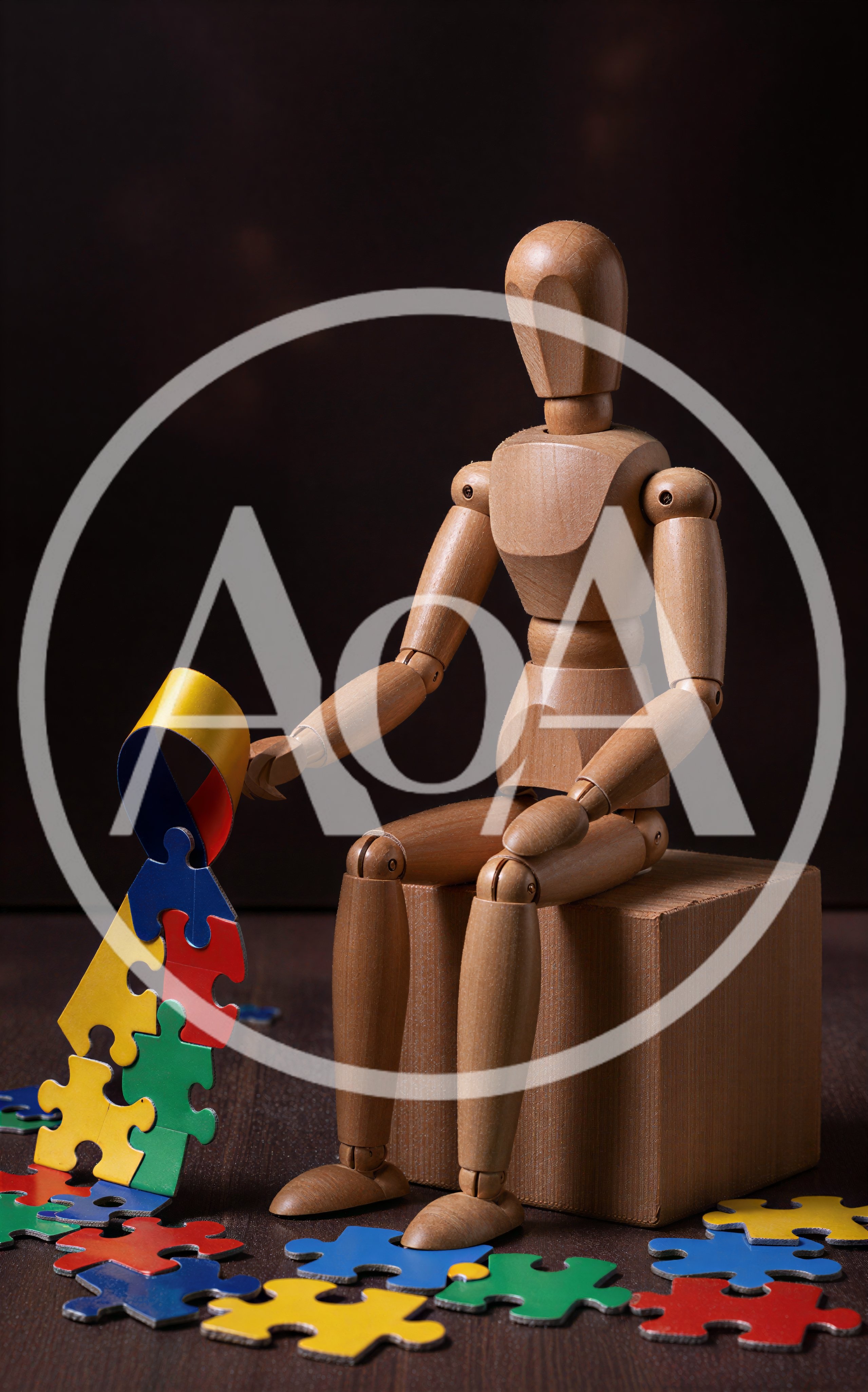 Wooden Mannequin Holding Colorful Puzzle Pieces